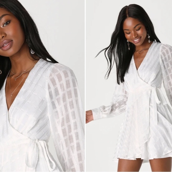 LULU's Bachelorette Engagement Bridal Sexy Long Sleeve Wrap Mini Dress - Picture 4 of 5